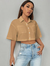 Essnce Women's Solid Color Short Sleeve Cropped Pocket Loose Casual Blouse